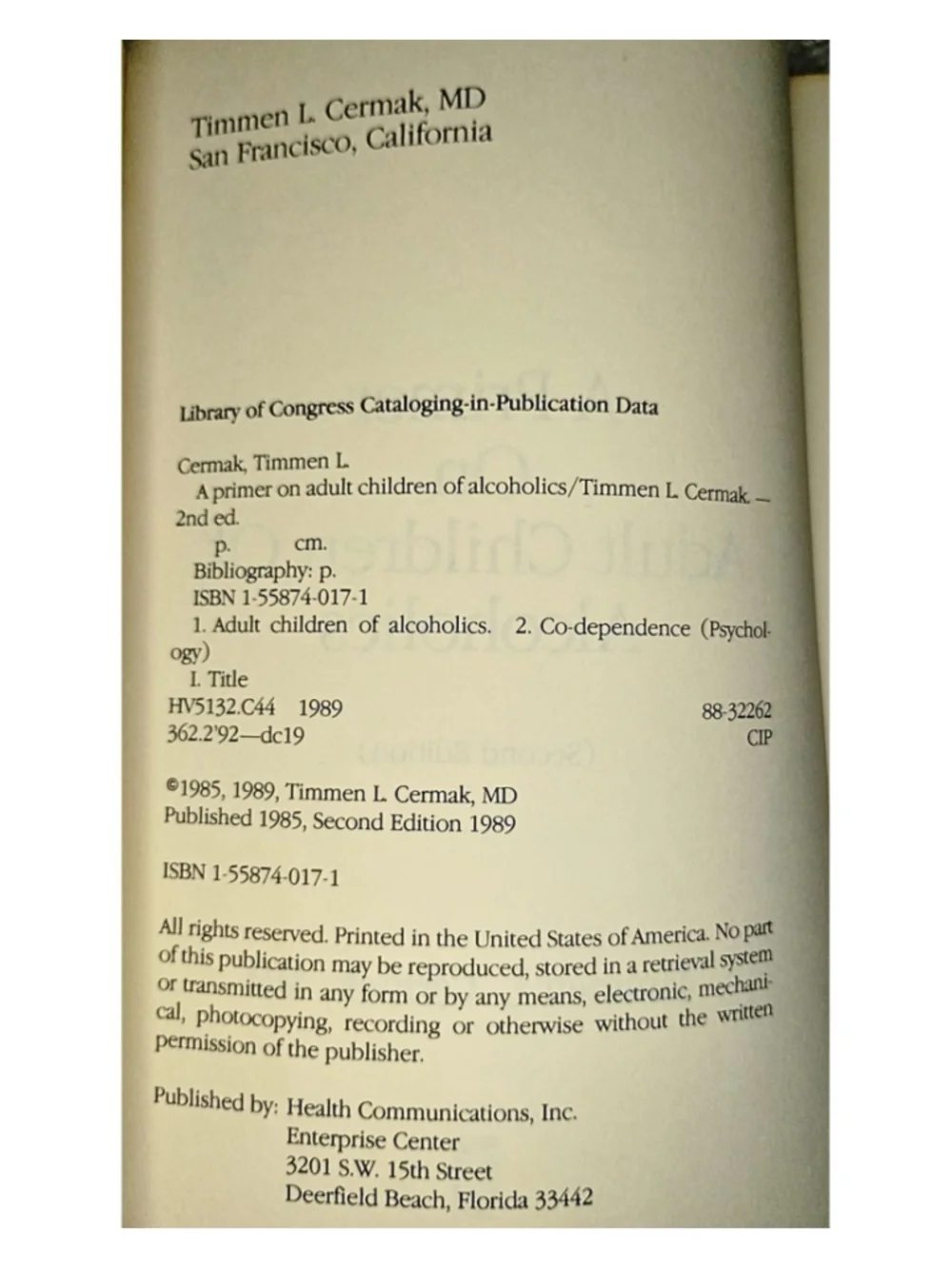 A Primer on Adult Children of Alcoholics by Timmen L. Cermak, M.D.